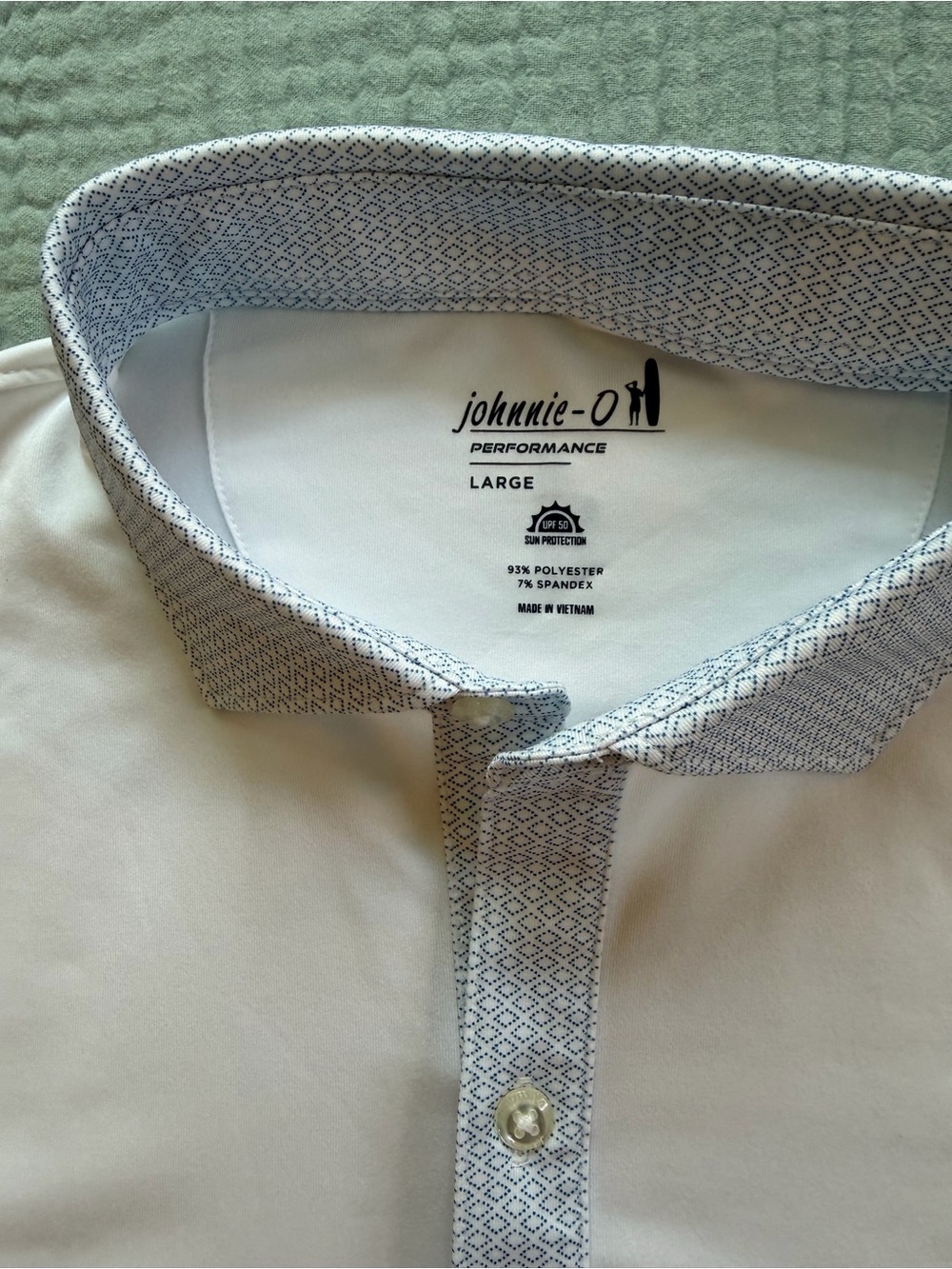 johnnie-O Men’s White Performance Polo with Patterned Trim